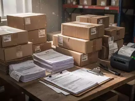 Ein unordentlicher Arbeitsplatz in einem kleinen E-Commerce-Lager mit Kartons, Versandunterlagen und einem Etikettendrucker. - Foto: über boerse-global.de