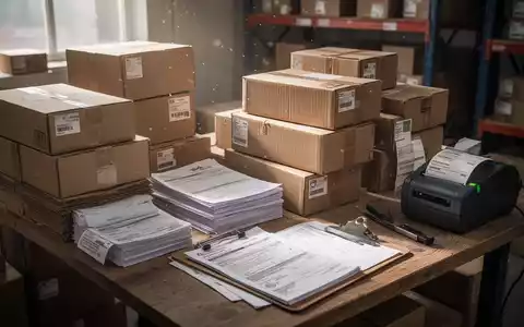 Ein unordentlicher Arbeitsplatz in einem kleinen E-Commerce-Lager mit Kartons, Versandunterlagen und einem Etikettendrucker. - Foto: über boerse-global.de