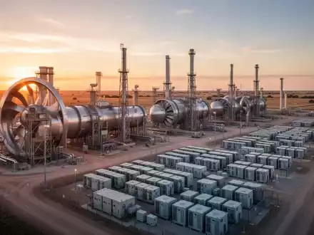 Industrielle Energieinfrastruktur mit Gasturbinen und Batteriespeichern auf einer weitläufigen Baustelle in Texas. - Foto: über boerse-global.de