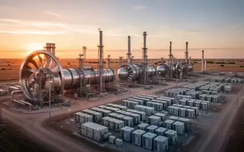 Industrielle Energieinfrastruktur mit Gasturbinen und Batteriespeichern auf einer weitläufigen Baustelle in Texas. - Foto: über boerse-global.de