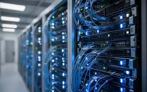 Nahaufnahme von hochmodernen Server-Racks in einem Rechenzentrum mit blau leuchtenden LED-Anzeigen. - Foto: über boerse-global.de