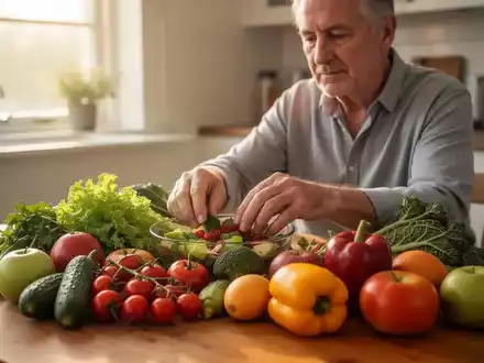 Eine Person wählt frisches Gemüse und Obst für eine gesunde Mahlzeit in einer hellen Küche. - Foto: über boerse-global.de