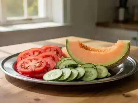 Frische Tomaten, Gurken und Melonen auf einer Edelstahlschüssel bei natürlichem Tageslicht auf einem Holztisch. - Foto: über boerse-global.de