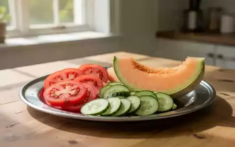 Frische Tomaten, Gurken und Melonen auf einer Edelstahlschüssel bei natürlichem Tageslicht auf einem Holztisch. - Foto: über boerse-global.de