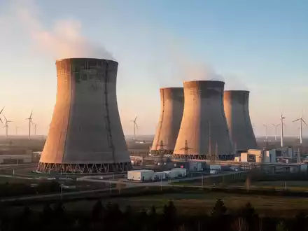 Moderne Industrielandschaft mit Windkraftanlagen und Kühltürmen im Hintergrund bei Sonnenuntergang. - Foto: über boerse-global.de