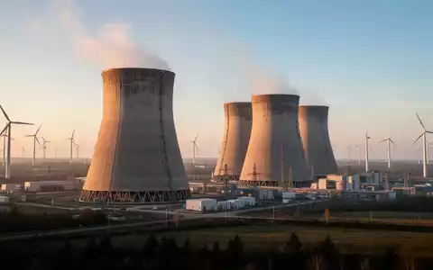 Moderne Industrielandschaft mit Windkraftanlagen und Kühltürmen im Hintergrund bei Sonnenuntergang. - Foto: über boerse-global.de
