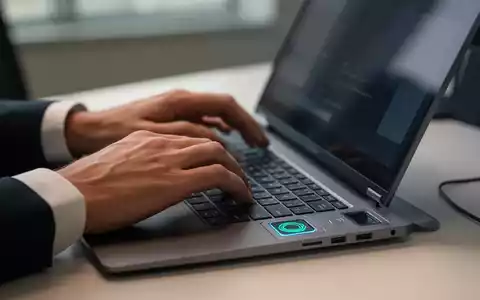 Person an einem Laptop mit integriertem biometrischem Fingerabdruckscanner zur Authentifizierung in einer Büroumgebung. - Foto: über boerse-global.de
