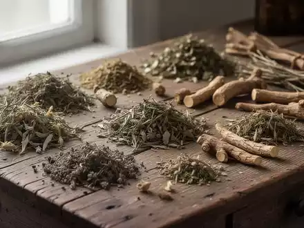 Nahaufnahme von getrockneten Heilkräutern und Wurzeln auf einem hölzernen Apothekertisch. - Foto: über boerse-global.de