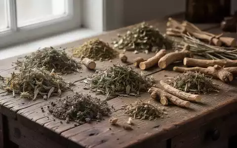 Nahaufnahme von getrockneten Heilkräutern und Wurzeln auf einem hölzernen Apothekertisch. - Foto: über boerse-global.de