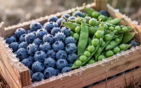 Nahaufnahme von frisch geernteten Blaubeeren und grünen Erbsen mit feinen Eiskristallen in einer Holzkiste. - Foto: über boerse-global.de