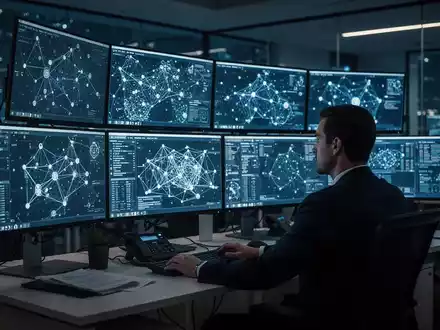 Ein IT-Sicherheitsexperte überwacht komplexe Datenströme und Netzwerkknoten an einer modernen Arbeitsstation. - Foto: über boerse-global.de