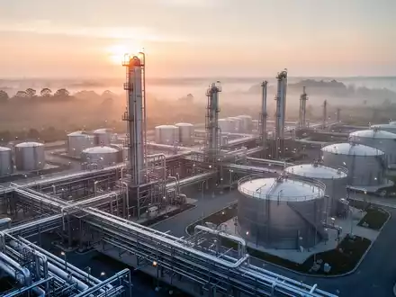 Moderne industrielle Erdgasanlage bei Sonnenaufgang mit komplexen Rohrleitungssystemen und Speichertanks. - Foto: über boerse-global.de