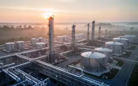 Moderne industrielle Erdgasanlage bei Sonnenaufgang mit komplexen Rohrleitungssystemen und Speichertanks. - Foto: über boerse-global.de