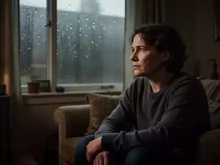 Eine nachdenkliche Person sitzt in einem schwach beleuchteten Zimmer und schaut aus einem verregneten Fenster. - Foto: über boerse-global.de