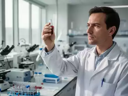 Ein medizinischer Forscher untersucht in einem modernen Labor eine Blutprobe in einem Glasfläschchen. - Foto: über boerse-global.de
