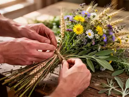 Hände binden ein traditionelles Kräuterbüschel aus verschiedenen Wildblumen und Heilkräutern auf einem Holztisch. - Foto: über boerse-global.de