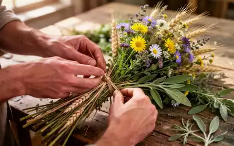Hände binden ein traditionelles Kräuterbüschel aus verschiedenen Wildblumen und Heilkräutern auf einem Holztisch. - Foto: über boerse-global.de