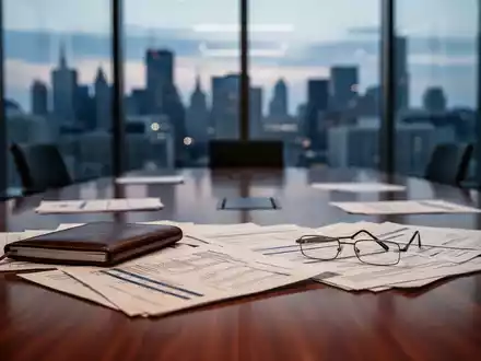 Ein moderner Konferenzraum mit Finanzunterlagen auf einem Holztisch vor einer verschwommenen Skyline bei Dämmerung. - Foto: über boerse-global.de