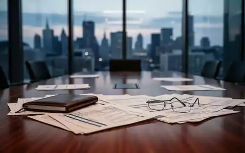 Ein moderner Konferenzraum mit Finanzunterlagen auf einem Holztisch vor einer verschwommenen Skyline bei Dämmerung. - Foto: über boerse-global.de