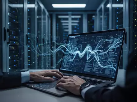 Ein Cybersicherheitsexperte analysiert komplexe Datenströme in einem modern beleuchteten Serverraum. - Foto: über boerse-global.de