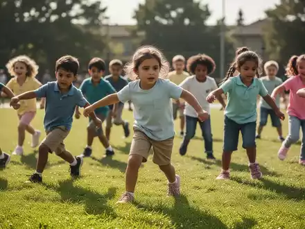 Eine Gruppe von Grundschulkindern bei einer sportlichen Bewegungsaktivität auf einer sonnigen Wiese. - Foto: über boerse-global.de