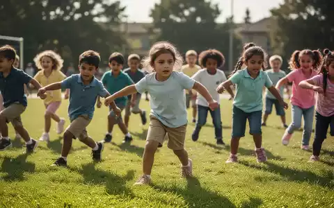 Eine Gruppe von Grundschulkindern bei einer sportlichen Bewegungsaktivität auf einer sonnigen Wiese. - Foto: über boerse-global.de