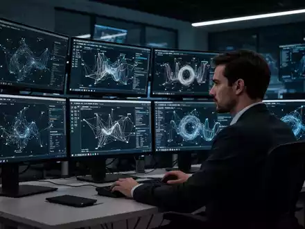 Ein Analyst in einem modernen Sicherheitszentrum vor Bildschirmen mit komplexen Datenvisualisierungen zur Cyber-Abwehr. - Foto: über boerse-global.de