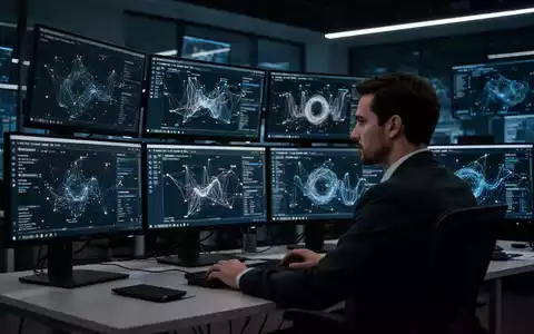 Ein Analyst in einem modernen Sicherheitszentrum vor Bildschirmen mit komplexen Datenvisualisierungen zur Cyber-Abwehr. - Foto: über boerse-global.de