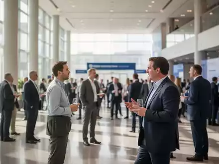 Fachbesucher in einem modernen Messezentrum bei einem Networking-Event zum Thema betriebliche Gesundheitsförderung. - Foto: über boerse-global.de