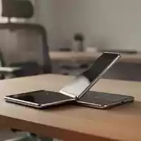 Modernes Homeoffice-Setup mit einem flachen, faltbaren Smartphone auf einem aufgeräumten Holzschreibtisch bei Tageslicht. - Foto: über boerse-global.de