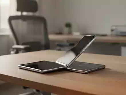 Modernes Homeoffice-Setup mit einem flachen, faltbaren Smartphone auf einem aufgeräumten Holzschreibtisch bei Tageslicht. - Foto: über boerse-global.de