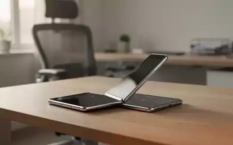 Modernes Homeoffice-Setup mit einem flachen, faltbaren Smartphone auf einem aufgeräumten Holzschreibtisch bei Tageslicht. - Foto: über boerse-global.de