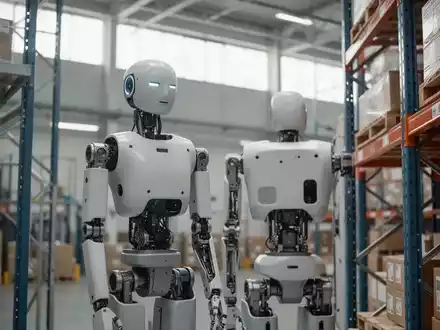 Ein humanoider Roboter steht in einem modernen Industrielager zwischen Regalen mit Paketen. - Foto: über boerse-global.de