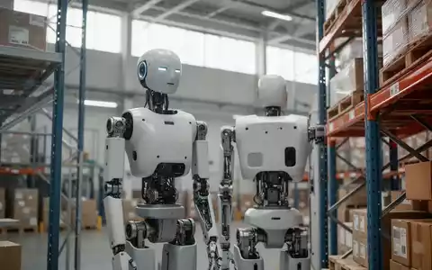 Ein humanoider Roboter steht in einem modernen Industrielager zwischen Regalen mit Paketen. - Foto: über boerse-global.de
