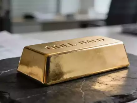 Ein glänzender Goldbarren liegt auf einer dunklen Schieferplatte in einem professionellen Büroambiente. - Foto: über boerse-global.de