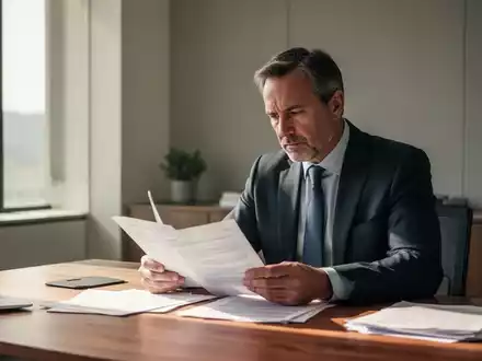 Ein nachdenklicher Mann mittleren Alters sitzt an einem Schreibtisch und prüft Dokumente in einem modernen Büro. - Foto: über boerse-global.de
