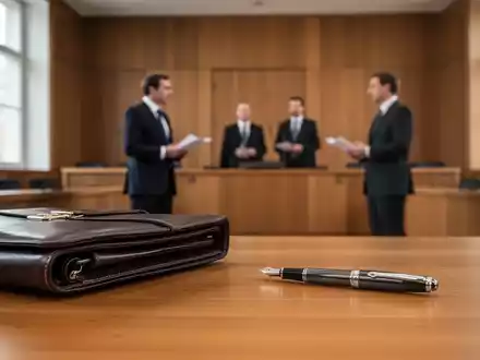 Ein moderner Gerichtssaal während einer Verhandlung mit Anwälten im Hintergrund und einem Aktenkoffer im Vordergrund. - Foto: über boerse-global.de