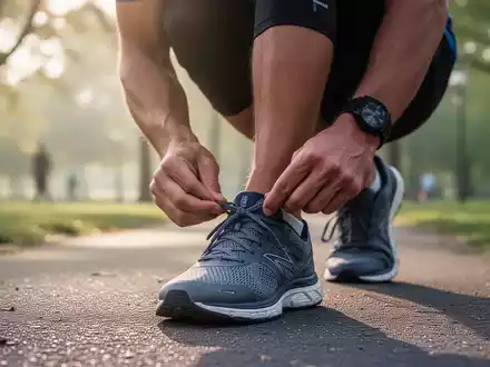 Eine Person schnürt in einem sonnigen Park ihre Sportschuhe als Vorbereitung auf eine morgendliche Bewegungseinheit. - Foto: über boerse-global.de
