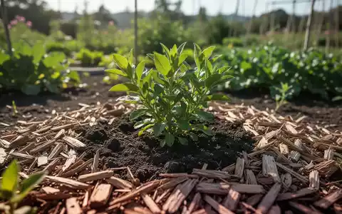 Nahaufnahme von gemulchtem Gartenboden um eine Pflanze zur Feuchtigkeitsspeicherung bei Trockenheit. - Foto: über boerse-global.de
