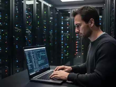 Ein IT-Experte arbeitet in einem modern beleuchteten Serverraum an einem Laptop zur Diagnose von Netzwerksicherheitslücken. - Foto: über boerse-global.de