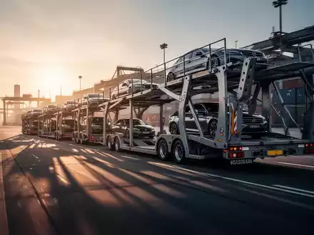 Moderne Autotransporter auf einem weitläufigen Logistikgelände bei Sonnenuntergang. - Foto: über boerse-global.de