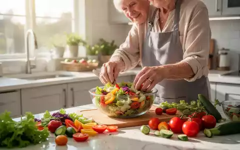 Eine ältere Person bereitet in einer hellen, modernen Küche einen frischen Salat mit gesundem Gemüse zu. - Foto: über boerse-global.de