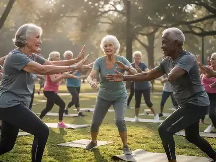 Eine Gruppe aktiver Senioren bei einer angeleiteten Sportstunde in einem Park zur Förderung der körperlichen Fitness. - Foto: über boerse-global.de