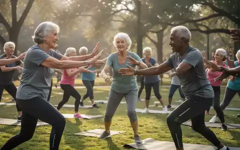 Eine Gruppe aktiver Senioren bei einer angeleiteten Sportstunde in einem Park zur Förderung der körperlichen Fitness. - Foto: über boerse-global.de