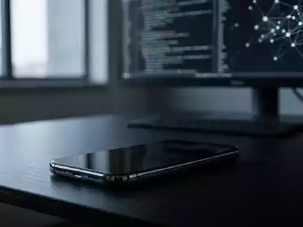 Ein modernes Smartphone liegt auf einem dunklen Schreibtisch vor einem verschwommenen Monitor mit komplexem Programmcode. - Foto: über boerse-global.de