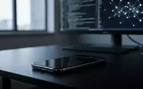 Ein modernes Smartphone liegt auf einem dunklen Schreibtisch vor einem verschwommenen Monitor mit komplexem Programmcode. - Foto: über boerse-global.de