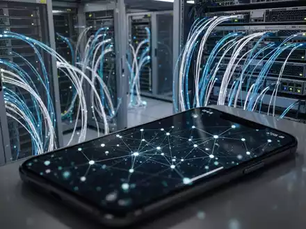 Ein dunkler Serverraum mit leuchtenden Glasfaserkabeln und digitalen Datenströmen, die eine Cyberattacke symbolisieren. - Foto: über boerse-global.de