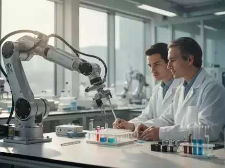 Ein Roboterarm arbeitet präzise mit einem Menschen in einem modernen, hellen Labor zusammen. - Foto: über boerse-global.de