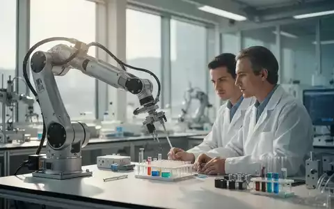 Ein Roboterarm arbeitet präzise mit einem Menschen in einem modernen, hellen Labor zusammen. - Foto: über boerse-global.de