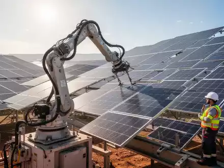 Ein Industrieroboter installiert großflächig Solarmodule auf einem Photovoltaik-Freiflächenpark unter freiem Himmel. - Foto: über boerse-global.de